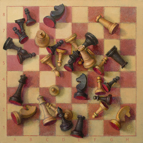 The painter Ihar Sviancicki. Artwork Picture Painting Canvas Composition Still Life Chess. 2022, 40 x 40 cm, oil on canvas
