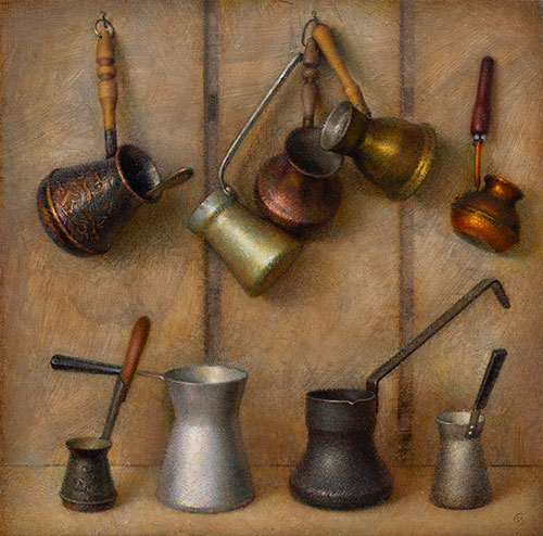 The painter Ihar Sviancicki. Artwork Picture Painting Canvas Composition Still Life Coffee tradition. 2023, 60,3 x 60 cm, oil on canvas