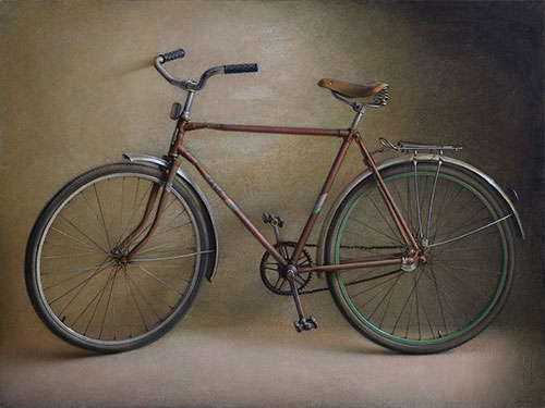 The painter Ihar Sviancicki. Artwork Picture Painting Canvas Composition Still Life Grandpa Ivan's bicycle. 2025, 150 x 200 cm, oil on canvas