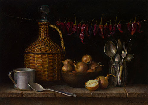 The painter Ihar Sviancicki. Artwork Picture Painting Canvas Composition Still Life with Onions and Hot Peppers. 2022, 50 x 70,5 cm, oil on canvas