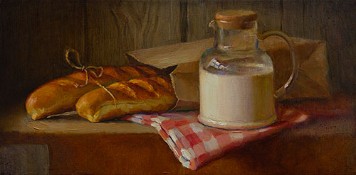 The painter Ihar Sviancicki. Artwork Picture Painting Canvas Composition Still life Warm bread. 2020, 35 x 70 cm, oil on canvas