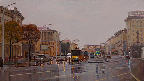 The painter Ihar Sviancicki. Artwork Picture Painting Canvas Composition Landscape Autumn Minsk. 2019, 50 x 90 cm, oil on canvas