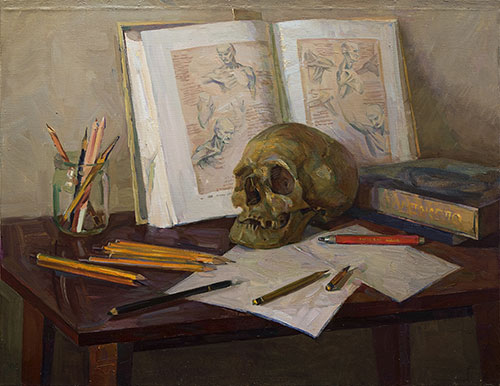 The painter Ihar Sviancicki. Artwork Picture Painting Canvas Composition Still life. In the artist's studio. Drawing. 2016, 61 x 80 cm, oil on canvas