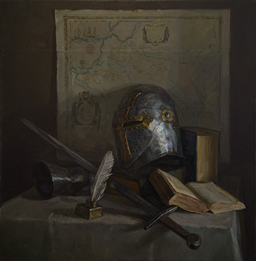 The painter Ihar Sviancicki. Artwork Picture Painting Canvas Composition Still life. Novel of the knight. 2016, 89 x 90 cm, oil on canvas (knight, sword, book, helmet, map, pen)