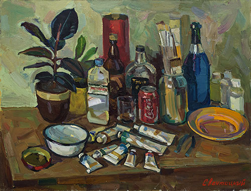 The painter Ihar Sviancicki. Artwork Picture Painting Canvas Composition Still life with paints and ficus. 2010, 60 x 80 cm, oil on canvas