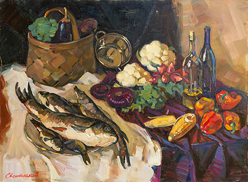 The painter Ihar Sviancicki. Artwork Picture Painting Canvas Composition Still life with fish. 2012, 70 x 95 cm, oil on canvas