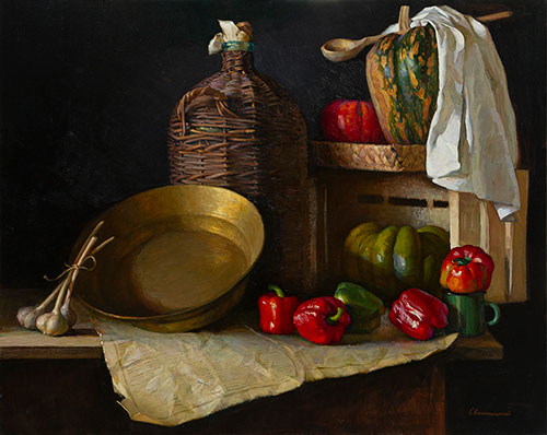 The painter Ihar Sviancicki. Artwork Picture Painting Canvas Composition Still life with peppers. 2020, 100 x 125 cm, oil on canvas