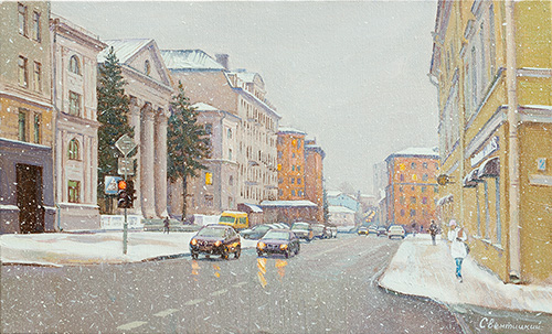 The painter Ihar Sviancicki. Artwork Picture Painting Canvas Composition Landscape Winter city. 2020, 33 x 54,5 cm, oil on canvas