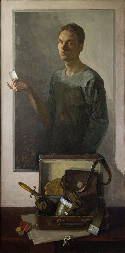 The painter Ihar Sviancicki. Artwork Picture Painting Canvas Composition Still life. Photo of the grandfather. 2017, 150 x 74 cm, oil on canvas