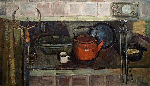 The painter Ihar Sviancicki. Artwork Picture Painting Canvas Composition Still life. Stove. 2012, 70 x 120 cm, oil on canvas