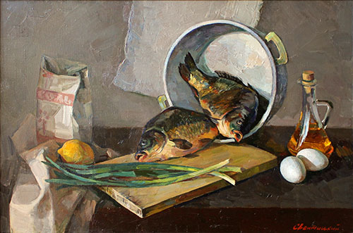The painter Ihar Sviancicki. Artwork Picture Painting Canvas Composition Still life. Fish with lemon. 2017, 50 x 80 cm, oil on canvas