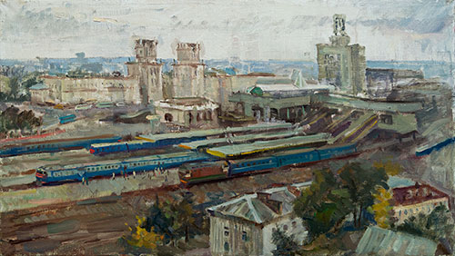 The painter Ihar Sviancicki. Artwork Picture Painting Canvas Composition Landscape Railway station. 2013, 40 x 70 cm, oil on canvas