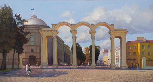 The painter Ihar Sviancicki. Artwork Picture Painting Canvas Composition Landscape The Stalin empire style in Minsk. 2019, 70 x 130 cm, oil on canvas