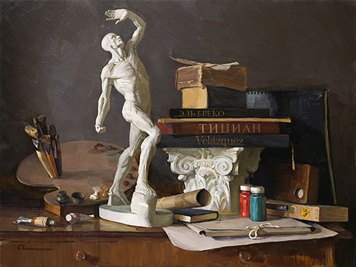 The painter Ihar Sviancicki. Artwork Picture Painting Canvas Composition Still life. Academy. 2018, 90 x 120 cm, oil on canvas