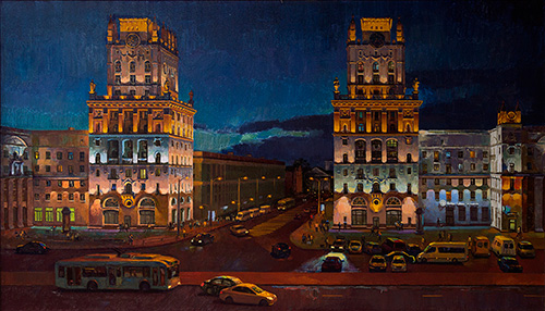 The painter Ihar Sviancicki. Artwork Picture Painting Canvas Composition Landscape Minsk Meets. 2017, 100 x 175 cm, oil on canvas