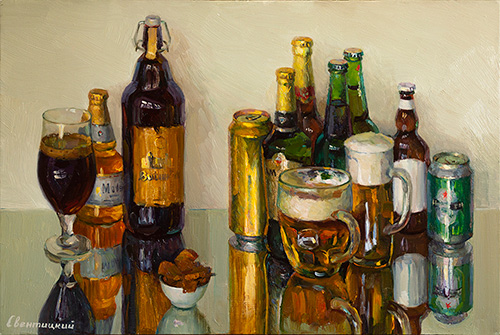 The painter Ihar Sviancicki. Artwork Picture Painting Canvas Composition Still life with beer. Final day. 2018, 50 x 75 cm, oil on canvas