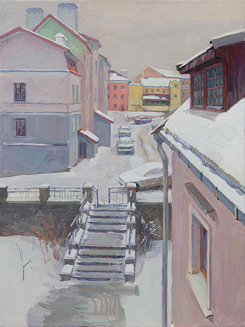 The painter Ihar Sviancicki. Artwork Picture Painting Canvas Composition Landscape Courtyard in the Trinity suburb. 2018, 60 x 80 cm, oil on canvas