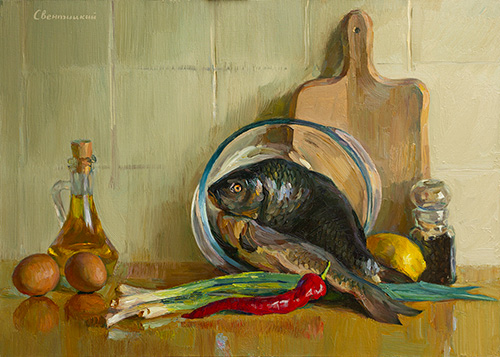 The painter Ihar Sviancicki. Artwork Picture Painting Canvas Composition Still life. In the kitchen. 2018, 50 x 70 cm, oil on canvas